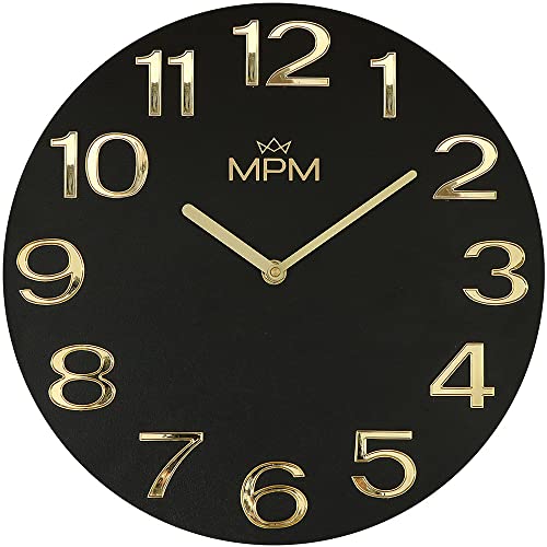 MPM Timber Simplicity Holz Wanduhr, Design-Holzuhr, Made in EU, Schwarz/Gold, 3D Arabische Ziffern, Quarz-Uhrwerk Sweep, ∅ 300 mm, schöne Wanddeko für die Küche, Büro oder Wohnzimmer von MPM Quality