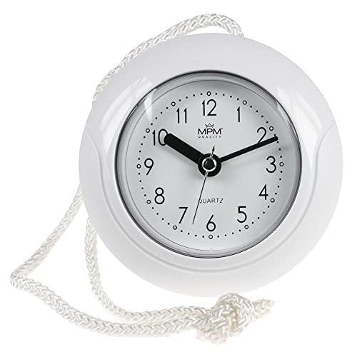 MPM Quality Design Badezimmer-Uhr aus Kunstoff, Quarz-Uhrwerk Sweep, 3-5 ATM Wasserdicht, Weiß, Ø 135 mm, geeignet auch für Außenbereich und als Badezimmeruhr, Pooluhr, Küchenuhr von MPM Quality