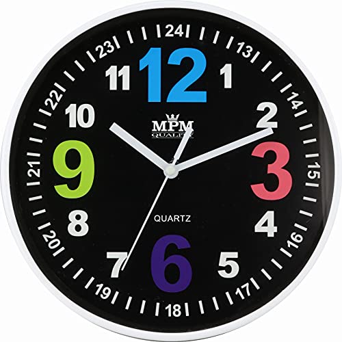 MPM Quality Design Kinder Wanduhr aus Kunststoff mit markanten farbigen Zahlen, Schwarzes Zifferblatt, Quarz Sweep, Bunte Kinder-Uhr, Ø 200 x 34 mm, ideal für Kinderzimmer, Kindergarten oder Schule von MPM Quality