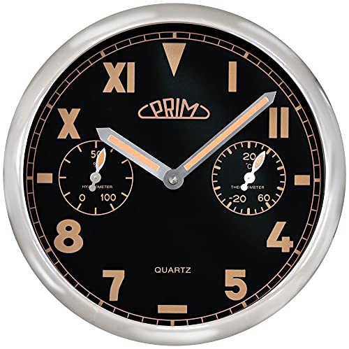 PRIM Retro Black Wall Clock - Wanduhr, Original PRIM Wanduhr im angesagten Retro-Design mit markanten Lumini-Zeigern. Das Uhrengestell ist aus Edelstahl. Wanduhr mit modernem Design, Quartz - 275mm von MPM Quality