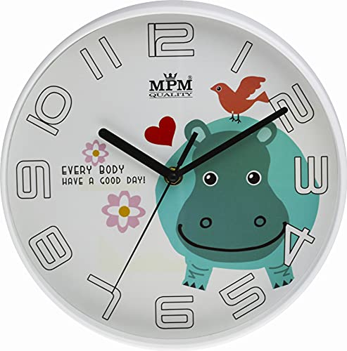 MPM Kinder Wanduhr aus Kunststoff mit Nilpferd-Motiv, Weiß/Bunt, Wanddeko gut geeignet für Kinderzimmer, Quarz-Schrittmotor, für Jungen und Mädchen von MPM Quality