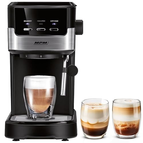 MPM Kaffeemaschine Espressomaschine MKW-13M mit 15 Bar Druck und Milchaufschäumer – Automatisches Espresso Cappuccino und Latte mit Stufenloser Dampfkraftregulierung von MPM