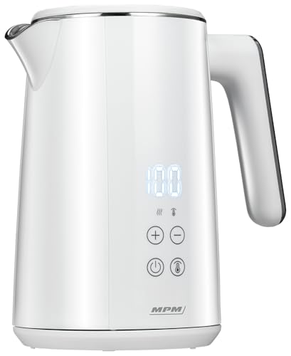MPM MCZ-120 Wasserkocher 1,5L mit Doppelwand-Design, Temperaturregelung 40–100°C, Edelstahl-Innenbehälter, 2200W, Geräuscharm, Schnell aufheizend, Smart-Touch-Tasten, Leicht & Elegant, Weiß von MPM