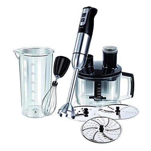 MPM MBL-11 Stabmixer-Set, Mixstab, Schnee-Besen, Multi-Messer, Zerkleinerungsbecher 1750ml, 3 Schneidscheiben, Edelstahl, BPA-frei, Turbo-Funktion, 800W, 1750 milliliters, Schwarz von MPM