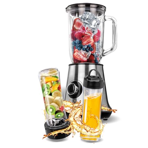 MPM MBL-15M Standmixer, 1-Liter-Behälter, Smoothie Mixer, 2 Tragbare Flaschen Smothie To Go 0,6 Liter, BPA frei, 2 Geschwindigkeiten + Pulsfunktion, Eiscrusher, Edelstahlklingen, 450 W Edelstahl von MPM