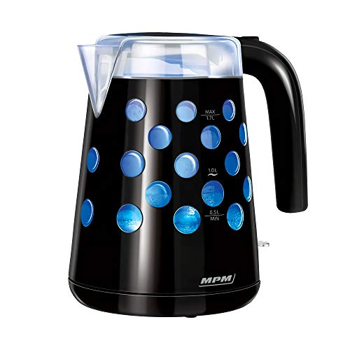 MPM MCZ-86/C Elektrischer Wasserkocher 1,7 Liter, BPA-freier Kunststoffbehälter, Kabellos, Abschaltautomatik, Beleuchteter Innenraum, Schwarz, 2200W, Kunststoff von MPM