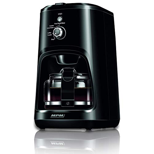 MPM MKW-04 Tropfkaffeemaschine mit Integrierter Kaffeemühle, Filtermaschine für 4 Tassen, 0,6 Liter, Warmhaltefunktion, 36g gemahlener Kaffee, 2 Mahlgradeinstellungen, 900W, Schwarz von MPM