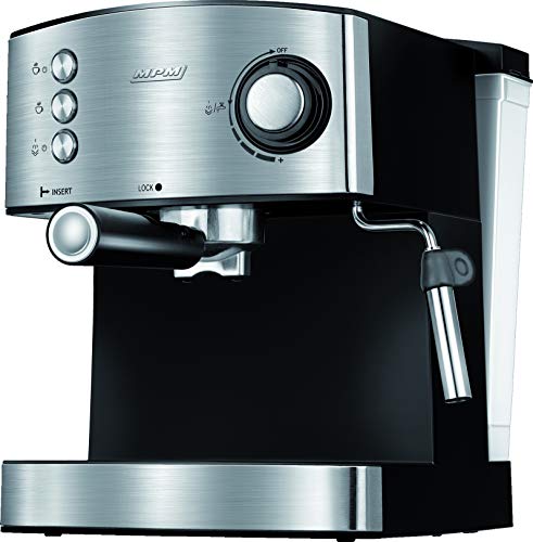 MPM MKW-06M Manuelle Espressomaschine 20 Bars, 1,7-Liter-Wassertank, für Kaffee Espresso-und Cappuccino, Milchaufschäumer, Tassenwärmer, 850W, Edelstahl/Schwarz, 850, 1.7 liters von MPM