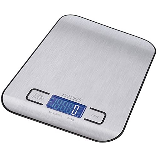 MPM MWK-02M Edelstahl Digital Küchenwaage, Hohe Genauigkeit 1g Schritte, Wiegen Lebensmittel bis zu 5Kg, LCD-Display, Tara-Funktion, Multifunktions Wiegen gr ml Oz Lb silber von MPM