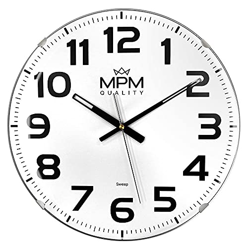 MPM Quality Design Wanduhr, Kunststoff und gewölbtes Mineralglas, Quarz-Uhrwerk Sweep, Weiß, Modern, Wand-Dekoration für jeden Raum: Schlafzimmer, Büro, Küche, Wohnzimmer, ∅ 335 x 49 mm von MPM Quality