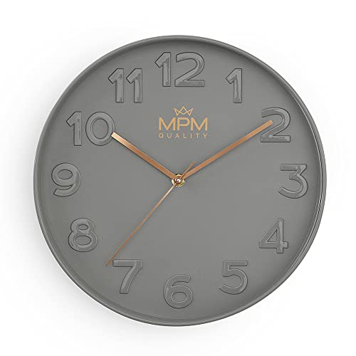 MPM Quality Design Wanduhr, Grau, Modern Kunststoff Uhr, Glas, Quarz-Uhrwerk Sweep, 305x305x42 mm, für Wohnzimmer, Schlafzimmer, Küche, Büro und in jeden Raum von MPM Quality