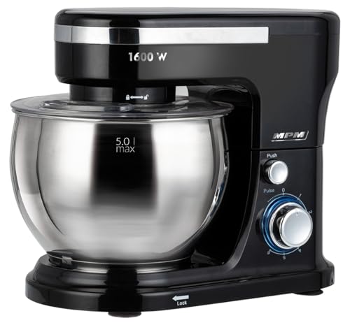 MPM MRK-21 Küchenmaschine 1600W - Knetmaschine mit 5L Edelstahlbehälter & 4L Kunststoffschüssel - Küchenroboter mit 3 Rührbesen, 6 Geschwindigkeiten, Schwarz von MPM