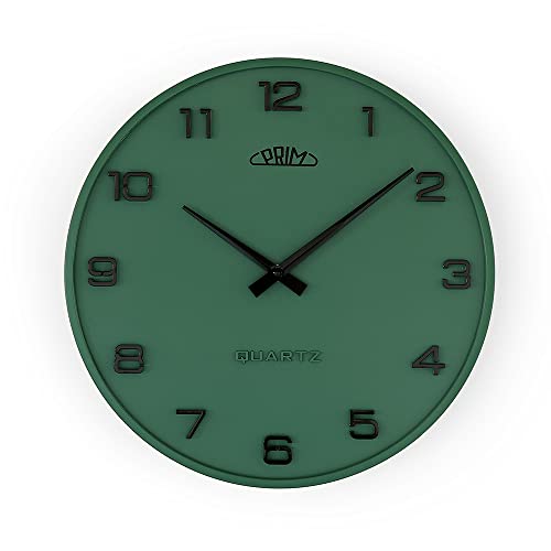 PRIM Design-Kunststoffuhr Bloom II – A, Moderne Wanduhr im Retro Style, Grün, gewölbtes Glas, luxuriöser Look, Quarz-Uhrwerk Sweep, ∅ 345 mm, Wanddeko für Wohnzimmer, Schlafzimmer und alle Räume von PRIM