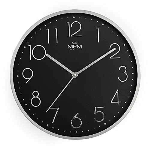 MPM Quality Design Metallic Elegance Wanduhr aus Aluminium, Schwarz, Zahlen mit 3D-Effekt, Quarz-Uhrwerk Sweep, runde Wanduhr modern, Wand-Deko, dekorativ, Heimuhr, Wand, Küche, Büro, Wohnzimmer von MPM Quality