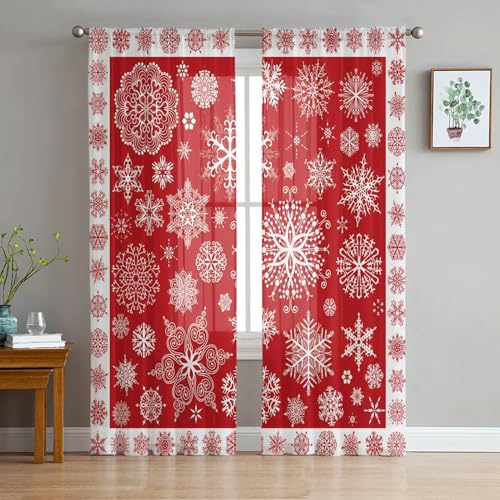 MPOWRX Weihnachtliche rote Schneeflocke durchsichtiger Voile-Vorhang für Wohnzimmerfenster transparenter Chiffon-Tüll-Vorhang-W135 x H114cm x2 von MPOWRX