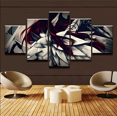 MPPSU Fairy Tail Anime-Charakter Erza-Scarlet Wanddekoration Wohnzimmer Leinwandbild Jugendzimmer Poster Set Modern 5 Teiliges Wandbild Bedroom Decor XXL Bilder Mit Rahmen 100 * 50cm von MPPSU