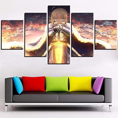MPPSU Fate-Night-Zero-Saber Anime-Poster Wanddekoration Wohnzimmer Leinwandbild Jugendzimmer Poster Set Modern 5 Teiliges Wandbild Bedroom Decor XXL Bilder Mit Rahmen 150 * 80cm von MPPSU