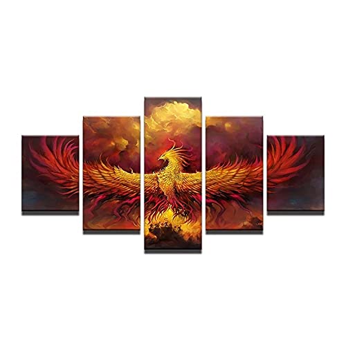 MPPSU Feuer-Phoenix-Vogel Wanddekoration Wohnzimmer Leinwandbild Jugendzimmer Poster Set Modern 5 Teiliges Wandbild Bedroom Decor XXL Bilder Mit Rahmen 150 * 80cm von MPPSU