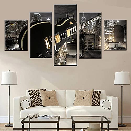 MPPSU Gitarren-Musik-Bild Wanddekoration Wohnzimmer Leinwandbild Jugendzimmer Poster Set Modern 5 Teiliges Wandbild Bedroom Decor XXL Bilder Mit Rahmen 150 * 80cm von MPPSU