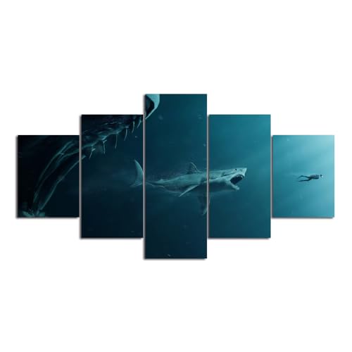 MPPSU Hai-Megalodon-Jagd Auf Menschen Unter Wasser Wanddekoration Wohnzimmer Leinwandbild Jugendzimmer Poster Set Modern 5 Teiliges Wandbild Bedroom Decor XXL Bilder Mit Rahmen 150 * 80cm von MPPSU