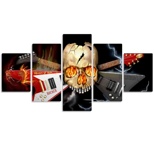 MPPSU Heavy-Metal-Band-Skull-Gitarre Wanddekoration Wohnzimmer Leinwandbild Jugendzimmer Poster Set Modern 5 Teiliges Wandbild Bedroom Decor XXL Bilder Mit Rahmen 100 * 50cm von MPPSU