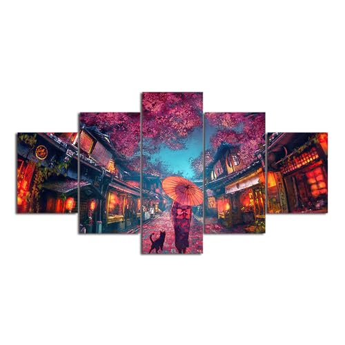 MPPSU Japanische Anime Styles Kimono Girl Wanddekoration Wohnzimmer Leinwandbild Jugendzimmer Poster Set Modern 5 Teiliges Wandbild Bedroom Decor XXL Bilder Mit Rahmen 150 * 80cm von MPPSU