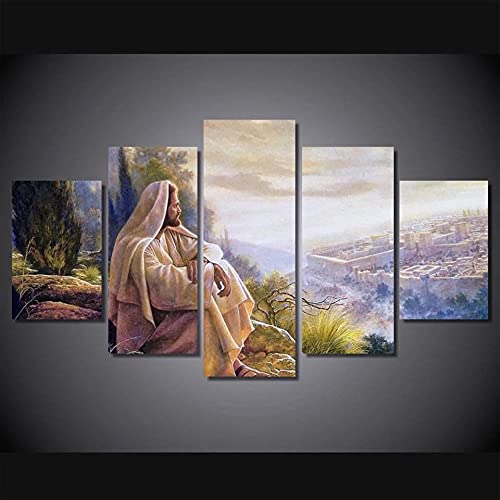 MPPSU Jesus Auf Dem Berg Außerhalb Der Stadt Wanddekoration Wohnzimmer Leinwandbild Jugendzimmer Poster Set Modern 5 Teiliges Wandbild Bedroom Decor XXL Bilder Mit Rahmen 150 * 80cm von MPPSU