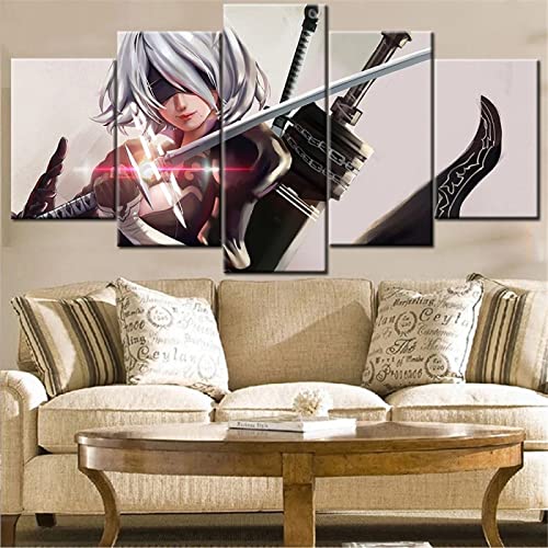 MPPSU Kunstdrucke Modular Wandkunst Modern Wanddekoration Wandbilder Wohnzimmer Leinwandbild 5 Teiliges Poster Set XXL Bilder Kreatives Geschenk Mit Rahmen 150 * 80 Anime Spiel Poster Sexy Girl Katana von MPPSU