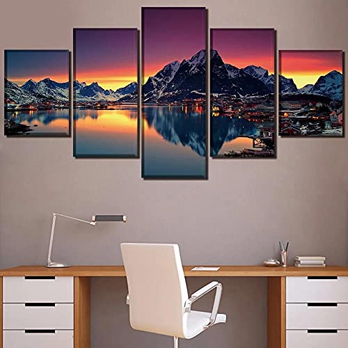 MPPSU Norwegen-Insel-Sonnenaufgang-Meer-Berge Wanddekoration Wohnzimmer Leinwandbild Jugendzimmer Poster Set Modern 5 Teiliges Wandbild Bedroom Decor XXL Bilder Mit Rahmen 150 * 80cm von MPPSU