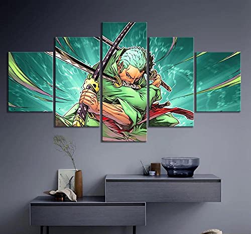 MPPSU One Piece Anime Zoro Poster Kunstdrucke Modular Wandkunst Modern Wanddekoration Wandbilder Wohnzimmer Leinwandbild 5 Teiliges Poster Set XXL Bilder Kreatives Geschenk Mit Rahmen 150 * 80cm von MPPSU
