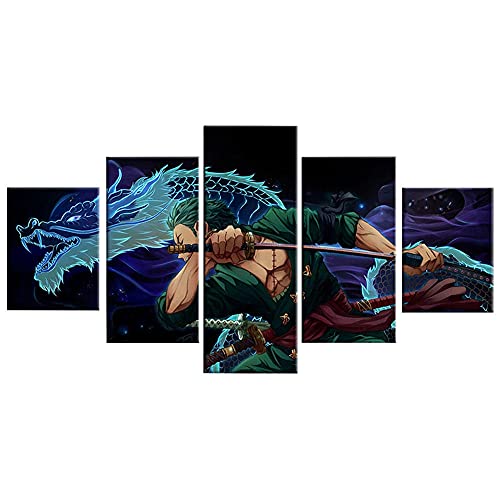 MPPSU One Piece Zoro Anime Poster Kunstdrucke Modular Wandkunst Modern Wanddekoration Wandbilder Wohnzimmer Leinwandbild 5 Teiliges Poster Set XXL Bilder Kreatives Geschenk Mit Rahmen 100 * 50cm von MPPSU