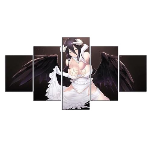 MPPSU Sexy Anime-Mädchen Mit Schwarzen Flügeln Wanddekoration Wohnzimmer Leinwandbild Jugendzimmer Poster Set Modern 5 Teiliges Wandbild Bedroom Decor XXL Bilder Mit Rahmen 100 * 50cm von MPPSU