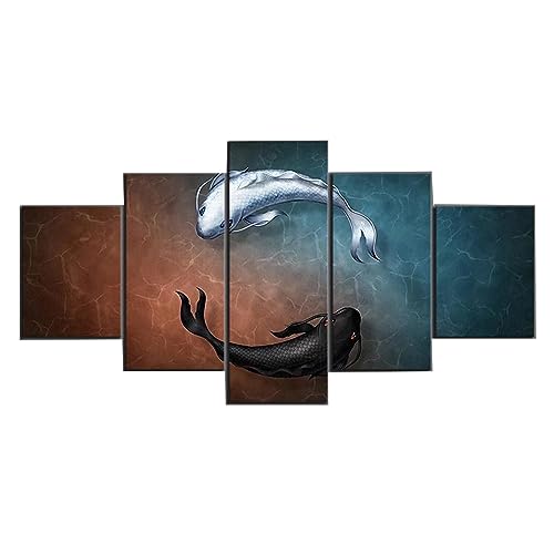 MPPSU Yin-Und-Yang Schwarz-Weiß-Fischsymbole-Zen Wanddekoration Wohnzimmer Leinwandbild Jugendzimmer Poster Set Modern 5 Teiliges Wandbild Bedroom Decor XXL Bilder Mit Rahmen 150 * 80cm von MPPSU