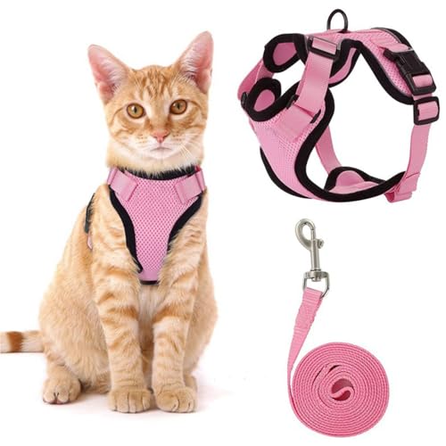 MPQDFG Katzengeschirr Ausbruchsicher,Katzen Geschirr Set mit Leine, Katzengeschirr zum Spazierengehen, Welpengeschirrmit Reflektierend und Atmungsaktiv für Kleine und Mittelgroße Katzen (Pink, S) von MPQDFG