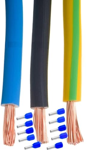 2.5mm2 Verdrahtungsleitung H07V-K 2.5mm² mm Set 3 x 5 Meter Grüngelb, Blau und Schwarz flexibel Fahrzeugleitung mit Aderendhülsen von MPS-Contact