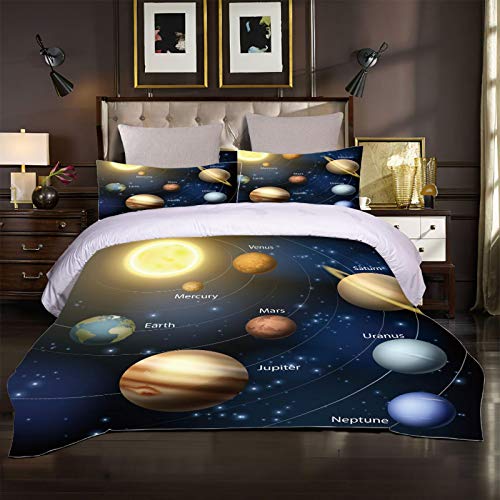 MQBHJI Bettwäsche 135X200 Mikrofaser 3 Teilig - Bettbezug Set Mit 3D Planet Sonnensystem Muster, Weiche Flauschige Bettbezüge Mit Reißverschluss Und 1 Mal 80X80CM Kopfkissenbezug von MQBHJI