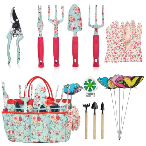 Gartenwerkzeug Set, 16 Stück Blumen Gartengeräte Set Garten-Handwerkzeug-Geschenkset，Gartengeschenke für Frauen und Männer, mit Gartenschere und Aufbewahrungstasche，Garten Zubehör Geschenk von MQFORU
