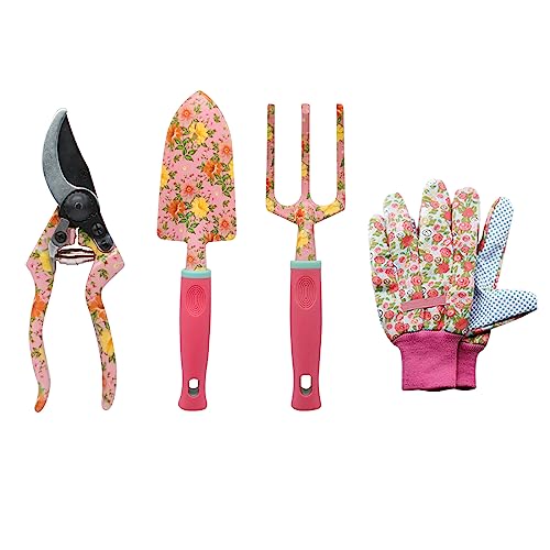 MQFORU Garten Werkzeug Set, 4 Stück Gärtner Geschenke für Frauen, Gartenschere, Handschuhe, Kelle, Kultivator Gartengeräte für die Gartenarbeit, Muttertag Geburtstag Geschenke Rosa von MQFORU