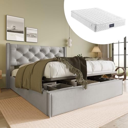 Boxspringbett Doppelbett Polsterbett 160*200CM, Bett mit Lattenrost aus Metallrahmen & Bettkasten, Hydraulisch Stauraumbett mit Großer Stauraum & höhenverstellbares Kopfteil (Mit Matratze, Hellgrau) von MQGPM