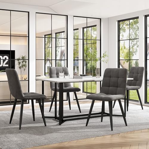 Esszimmerset mit Esstisch und 4 Grau Stühlen, Moderner Küchentisch Set, Esstischstühle aus Samt, Esszimmergruppe mit Schwarz Metall Tischbeine, für Familientreffen Geeignet von MQGPM