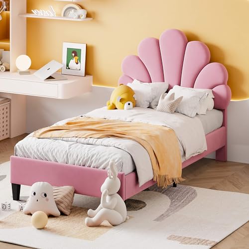 Kinderbett Polsterbett 90 x 200cm mit Holz Lattenroste und Dicker Rückenlehne, Jugendbett Einzelbett mit Höhenverstellbares Kopfteil, Hautfreundlichem Samtstoff, für Junge Mädchen, Ohne Matratze von MQGPM