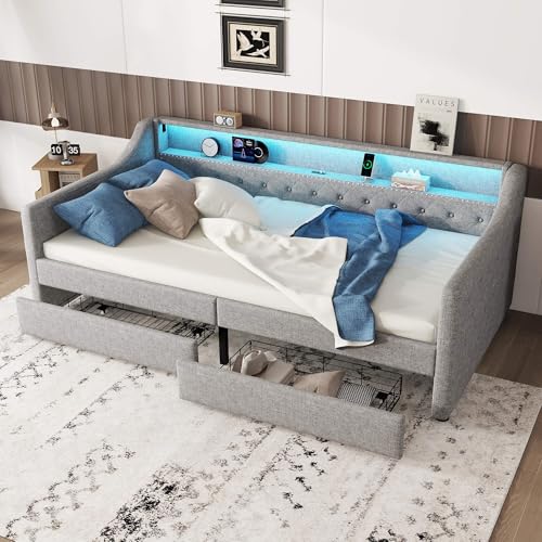 MQGPM Daybett Polsterbett 90x200 cm, Tagesbett Schlafsofa mit Ausziehbett, Bett mit Schubladen und Rückenlehne, Bettgestell mit Lattenrost, für Schlafzimmer und Gästezimmer, Leinen, Grau MQGPM Daybett Polsterbett 90x200 cm, Tagesbett Schlafsofa mit Ausziehbett, Bett mit Schubladen und Rückenlehne, Bettgestell mit Lattenrost, für Schlafzimmer und Gästezimmer, Leinen, Grau von MQGPM