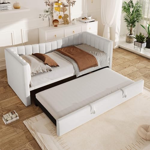 MQGPM Daybett Polsterbett 90x200 cm mit Ausziehbett, Tagesbett Schlafsofa mit Rückenlehne, Bettgestell mit Lattenrost, Samt, Weiß von MQGPM