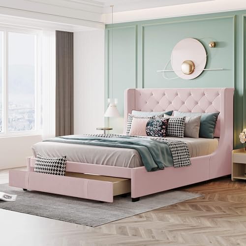 MQGPM Doppelbett Polsterbett 140x200 cm, Bett mit Schubladen und Rückenlehne, Bettgestell mit Lattenrost, Stauraumbett für Schlafzimmer und Gästezimmer, Leinen, Ohne Matratze, Rosa von MQGPM