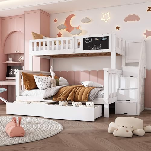 MQGPM Etagenbett 90x200 und 140x200 cm mit Stauraumtreppe und Schubladen, Stockbett mit Lattenrost und Tafel, Bettgestell mit Stauraum und Rausfallschutz, Weiß MQGPM Etagenbett 90x200 und 140x200 cm mit Stauraumtreppe und Schubladen, Stockbett mit Lattenrost und Tafel, Bettgestell mit Stauraum und Rausfallschutz, Weiß von MQGPM