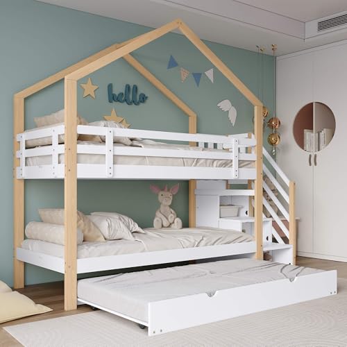 MQGPM Etagenbett Kinderbett 90x200 cm mit Stauraumtreppe und Ausziehbett, Stockbett Holzbett mit Lattenrost und Rausfallschutz, Bett für Kinder und Jugendliche, Weiß von MQGPM