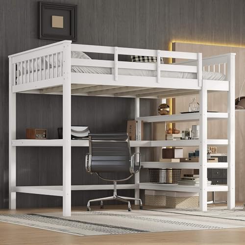 MQGPM Hochbett 140x200 cm mit Schreibtisch und Regalen, Etagenbett mit Ablagefächern und Stauraum, Bettgestell mit Lattenrost und Rausfallschutz, Weiß von MQGPM
