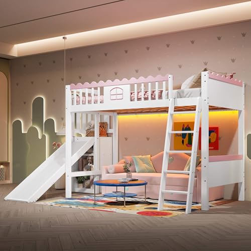 MQGPM Hochbett 90x200 cm mit Rutsche und Lattenrost, Etagenbett Kinderbett mit Leiter und Rausfallschutz, Bettgestell aus Kiefernholz, Bett für Kinder und Jugendliche, Weiß von MQGPM