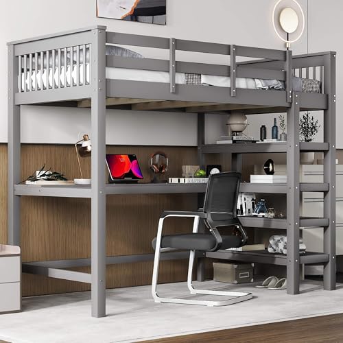 MQGPM Hochbett 90x200 cm mit Schreibtisch und Regalen, Etagenbett mit Ablagefächern und Stauraum, Bettgestell mit Lattenrost und Rausfallschutz, Grau von MQGPM