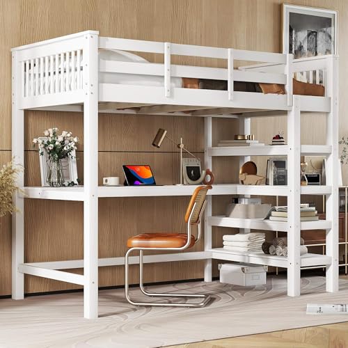 MQGPM Hochbett 90x200 cm mit Schreibtisch und Regalen, Etagenbett mit Ablagefächern und Stauraum, Bettgestell mit Lattenrost und Rausfallschutz, Weiß von MQGPM